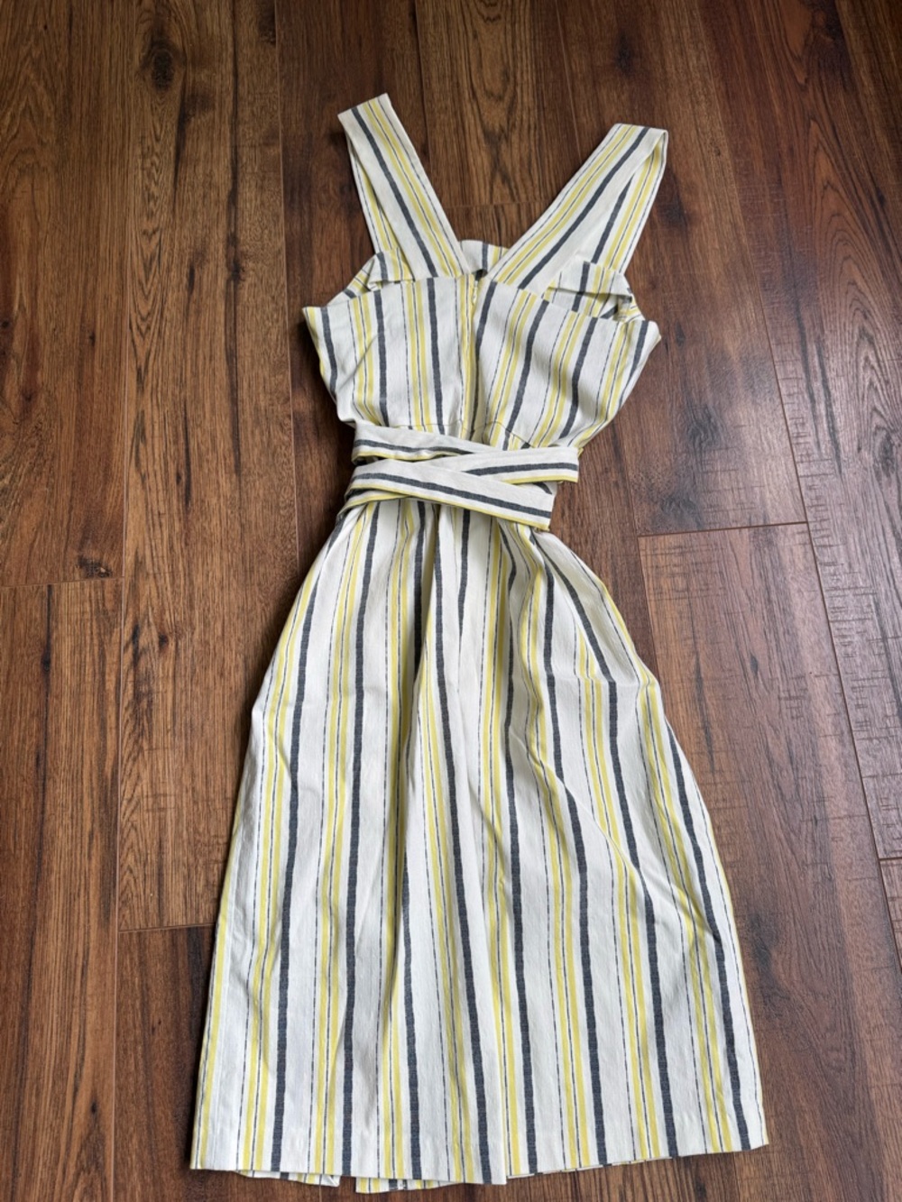 Tommy Hilfiger Yellow, White & Gray Striped Midi Sundress with Waist Tie - Picture 3 of 7